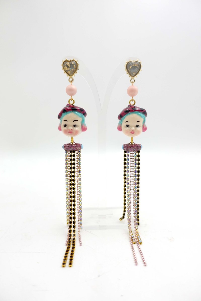 Three-dimensional polka dot hat retro style doll head embellished with Swarovski crystals flashing diamond chain earrings can be customized color - Earrings & Clip-ons - Other Metals Multicolor