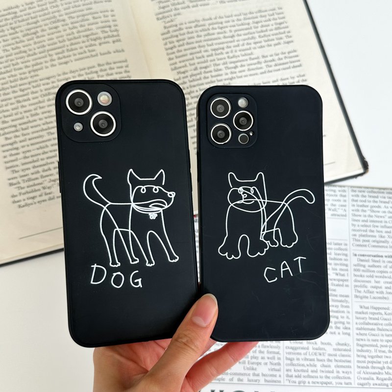 Drawing cat dog iPhone mobile phone couple silicone case - เคส/ซองมือถือ - ซิลิคอน สีดำ