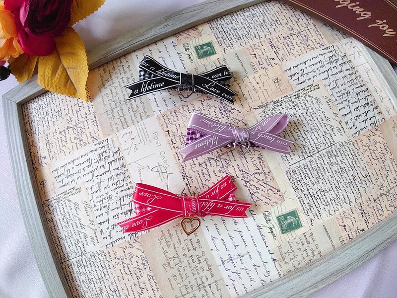 【心動漫步】格紋愛心緞帶髮夾丨甜美/日常/田園蘿莉塔丨法式甜美 - 髮夾/髮圈 - 棉．麻 紅色