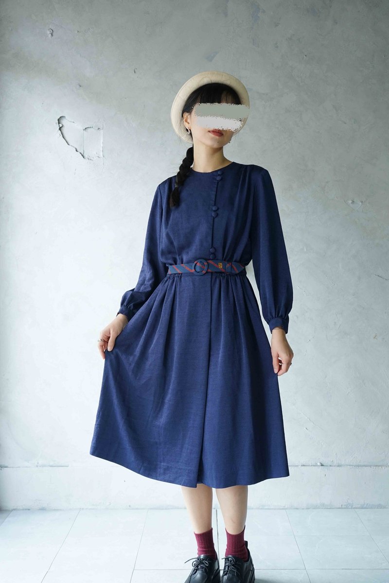 尋寶古著-知性沈穩深藍側開襟包釦昭和洋裝 - 連身裙 - 聚酯纖維 藍色