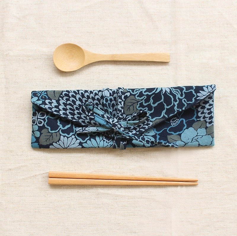植物系素雅橫式環保筷套/收納袋 - 筷子/筷架 - 棉．麻 藍色
