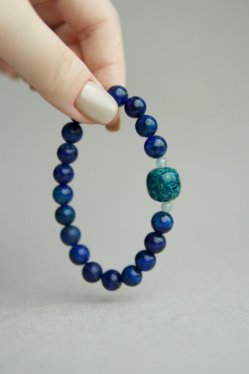 Natural high-quality blue Bronze 8.5mm + intangible cultural heritage lacquer beads + jadeite - สร้อยข้อมือ - เครื่องประดับพลอย 