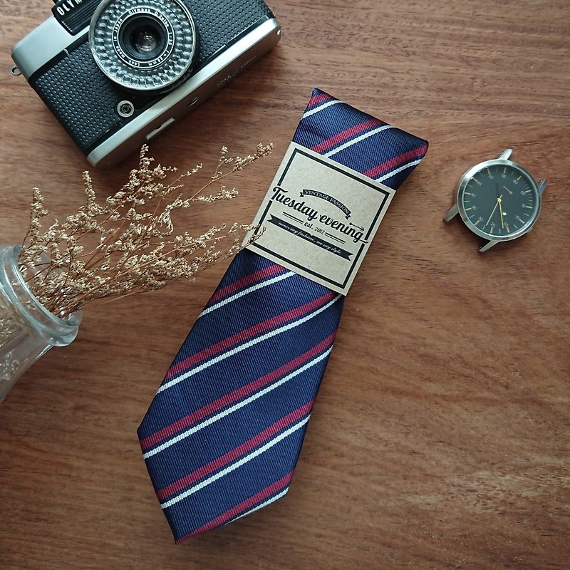Neck tie Classic Navy-Red stripe - 領呔/呔夾 - 棉．麻 藍色
