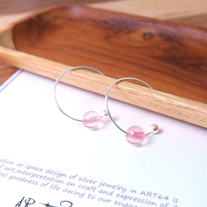 Pink Crystal Crescent Earrings (Large) - 925 Sterling Silver Natural Stone Ear Pins - ต่างหู - เงินแท้ สีเงิน