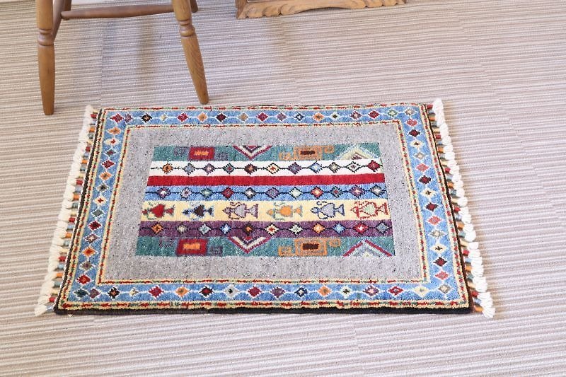 handmade carpet Blue×Glay Teapot  rug Wool & dyeing with vegetables 82×60cm - Rugs & Floor Mats - Other Materials Gray