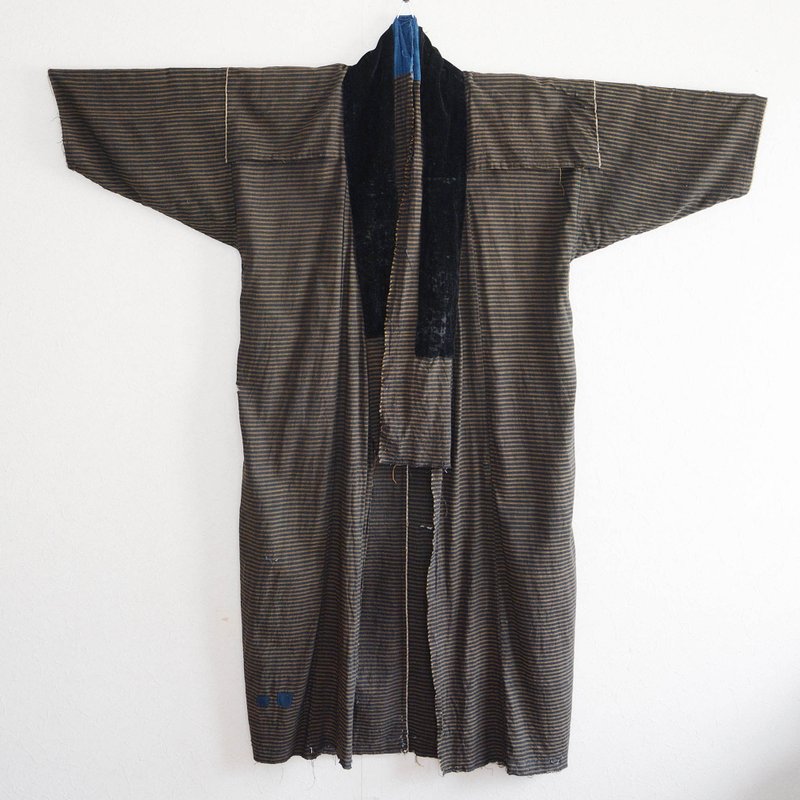 襤褸 夜着 メンズ 古着 木綿 着物 古布 縞模様 藍染 ジャパンヴィンテージ リメイク素材 - その他 - その他の素材 