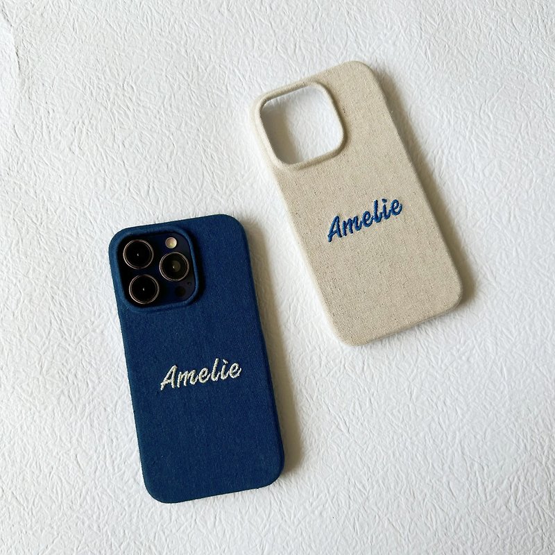Hand-embroidered text can be customized Fabric hand-made fabric iPhone case can be customized - เคส/ซองมือถือ - ผ้าฝ้าย/ผ้าลินิน สีน้ำเงิน