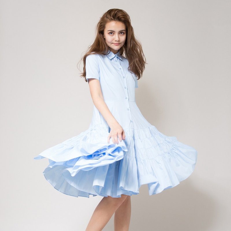 Multi-layered pleated shirt dress (blue)│Who Cares Taiwanese clothing brand - Skirts - Other Materials Blue