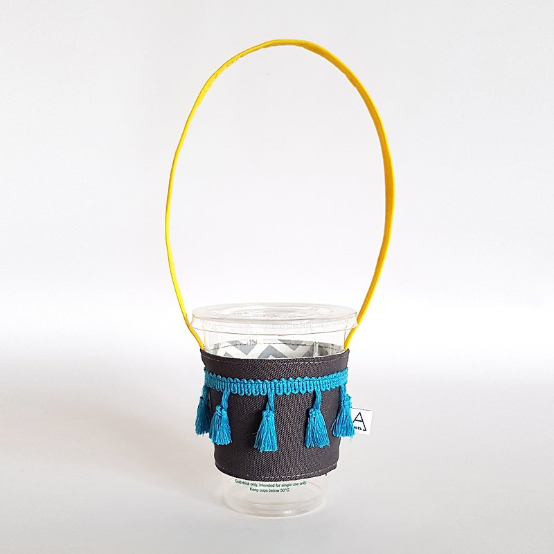 Skirt shake tassel drink cup bag / iron gray x yellow x Turkish blue - Beverage Holders & Bags - Cotton & Hemp Gray