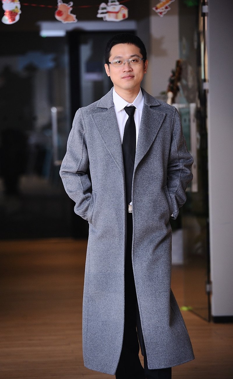 [品祥云纱] New men's original design double-sided cashmere coat hand-sewn - เสื้อโค้ทผู้ชาย - ขนแกะ สีเทา