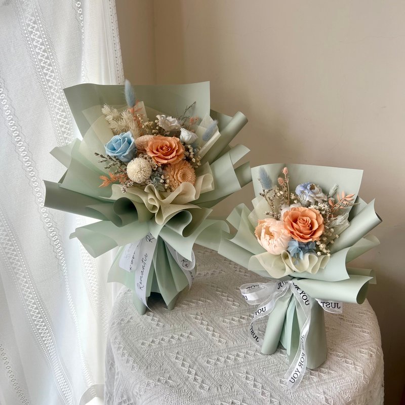 Peach pink and blue dry bouquet Valentine's Day bouquet - ช่อดอกไม้แห้ง - พืช/ดอกไม้ สีน้ำเงิน