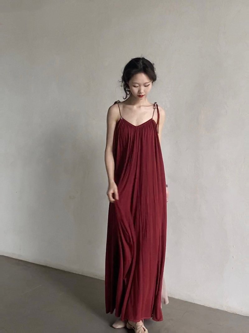新中式復古 不規則拼接連身裙 - 洋裝/連身裙 - 其他材質 紅色