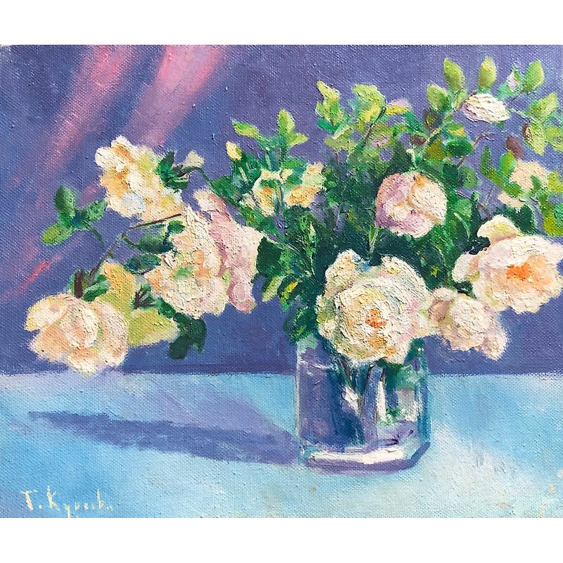 棉．麻 海報/掛畫/掛布 - White rose painting, Floral Bouquet Oil Painting on Canvas, Hand-painter art