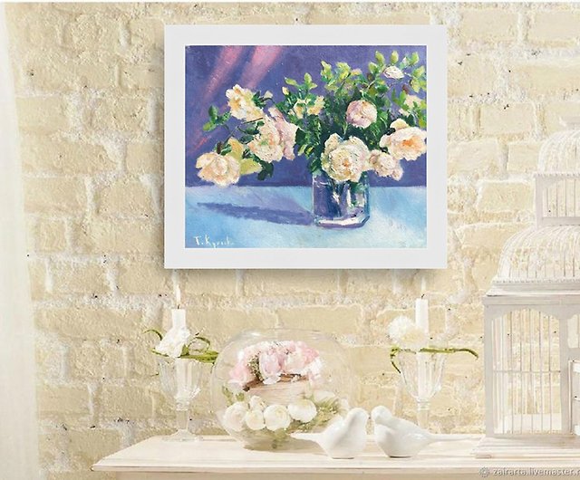 白いバラの絵、キャンバスに花束の油絵、ハンドペインターアート ...