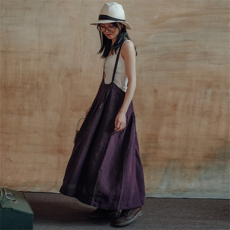 Iris Purple Linen Cotton Art Retro Washed Skirt Linen Hand Embroidered Retro Strap Skirt - Skirts - Cotton & Hemp Purple