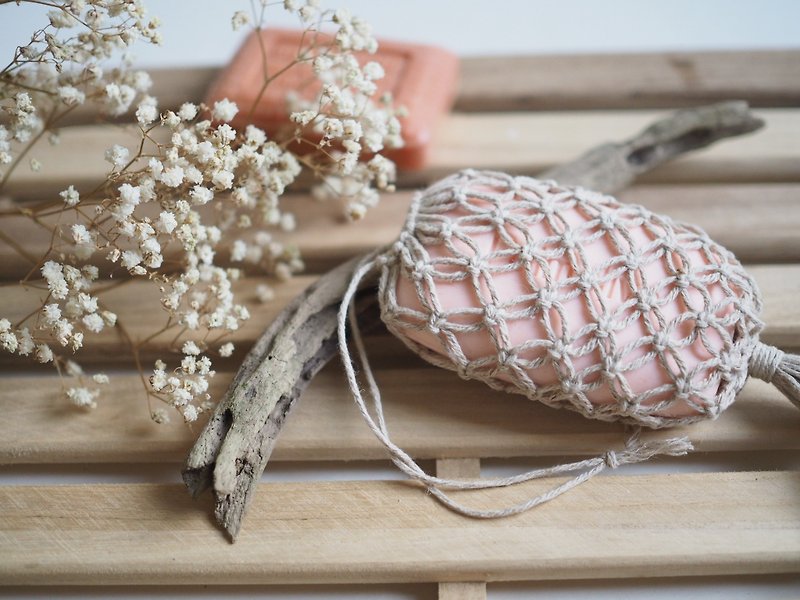環境カットプラスチックシリーズ - 亜麻ソープ靴下|手編みの透かし彫りのパターン - ボディソープ - コットン・麻 ブラウン