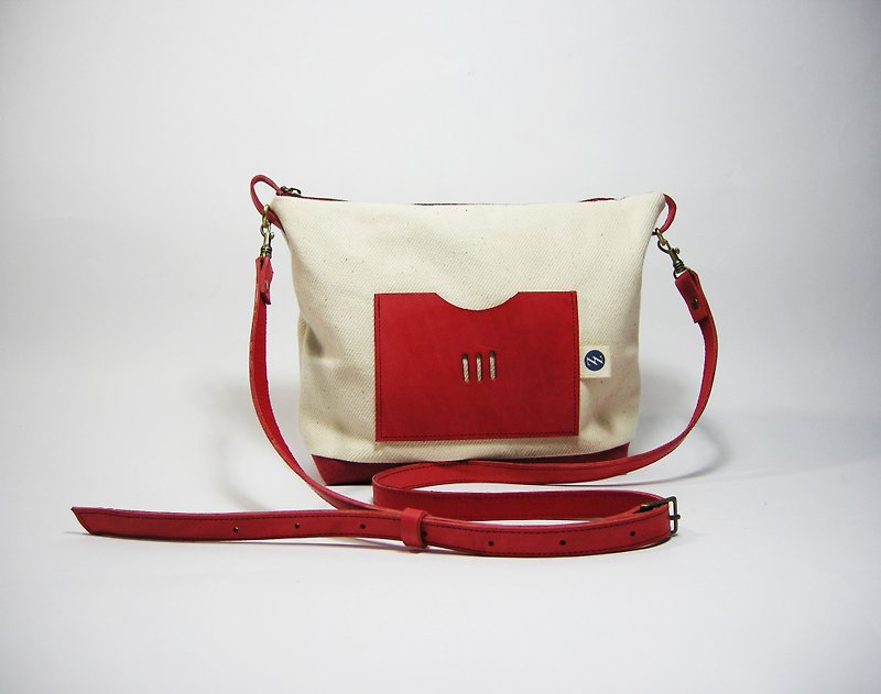 Japanese-style hemp zipper side backpack (leather) __made as zuo zuo hand-made cloth bag - กระเป๋าแมสเซนเจอร์ - ผ้าฝ้าย/ผ้าลินิน สีแดง