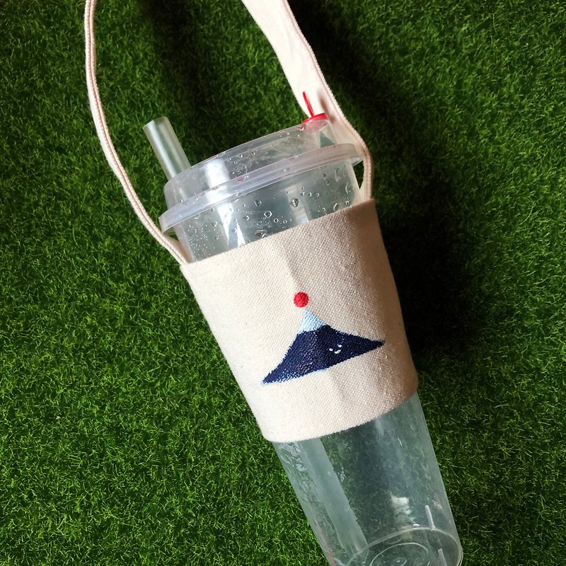 Fuji Handmade painted waterproof drink cup bag - ถุงใส่กระติกนำ้ - ผ้าฝ้าย/ผ้าลินิน สีน้ำเงิน