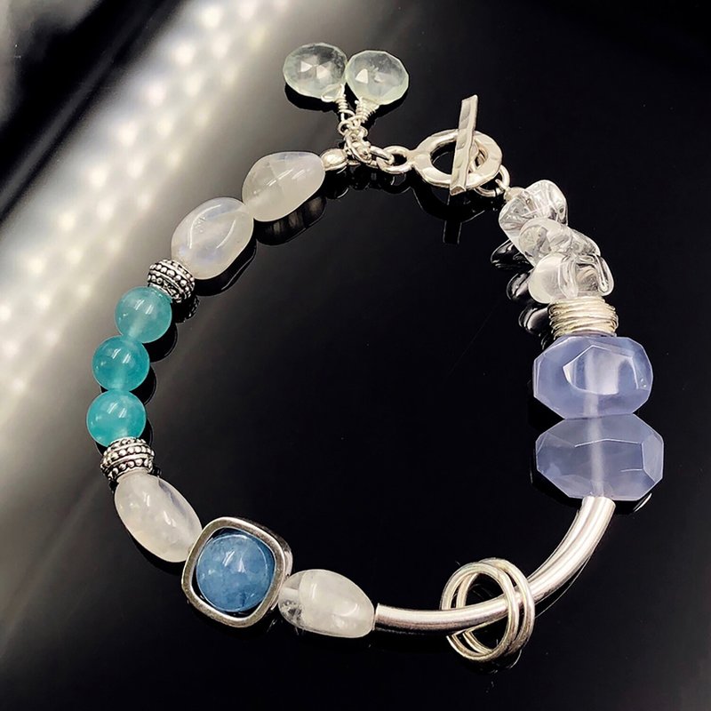 Love gathers like water-Moonstone*Aquamarine*Blue Chalcedony Limited Design Sterling Silver Bracelet - Bracelets - Gemstone Multicolor