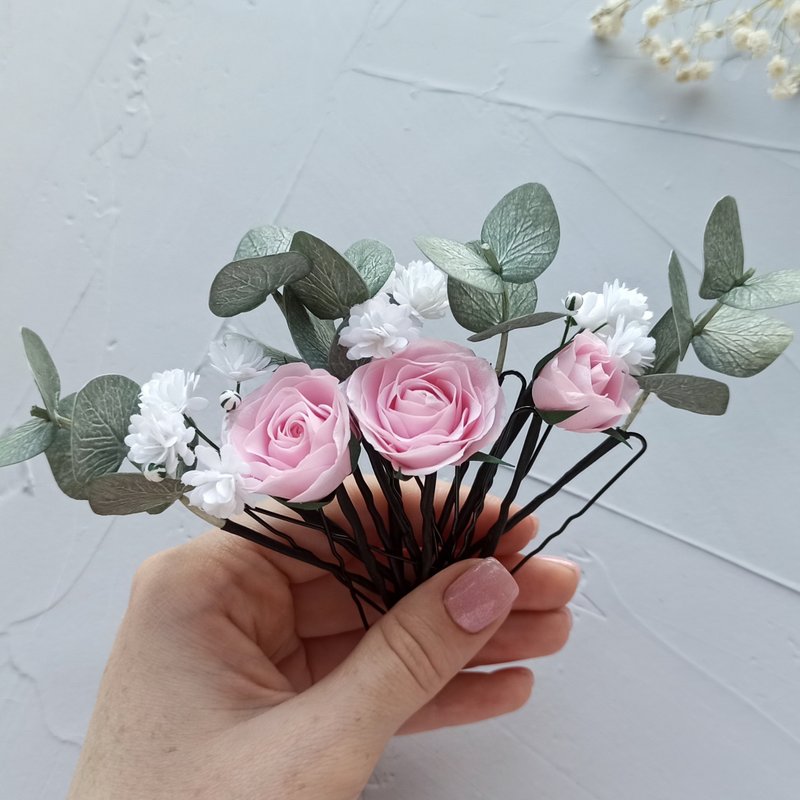 Sage green wedding eucalyptus pink rose hair pins flower hair clip for bride - 髮圈/髮夾 - 其他材質 多色