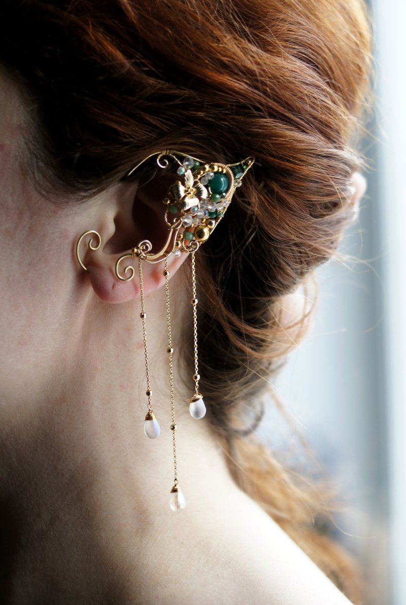 Copper & Brass Earrings & Clip-ons - Green and gold elven ear cuffs.