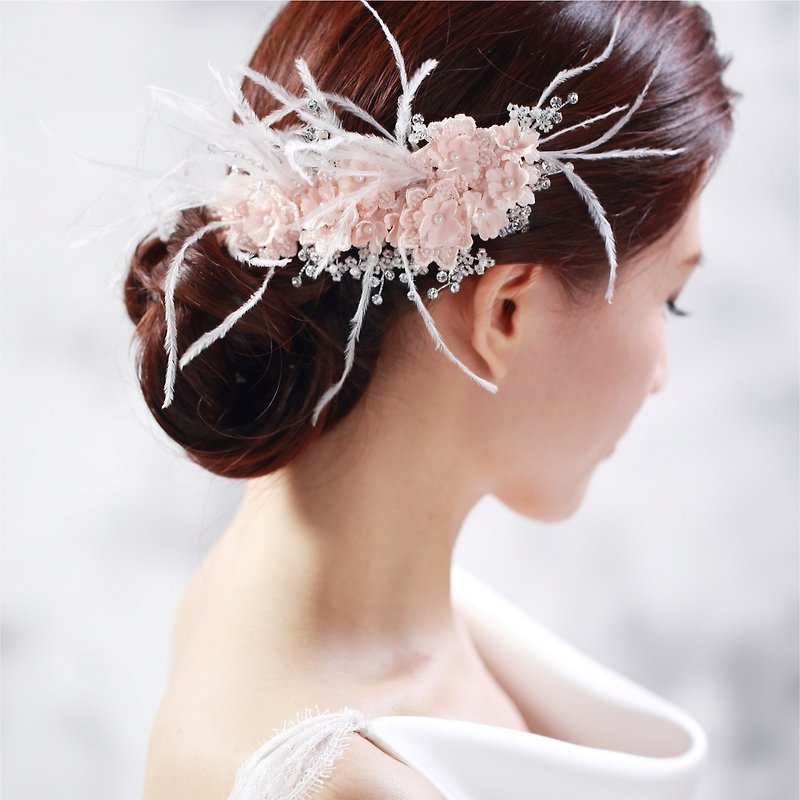 結婚式|ダチョウの羽の女神ヘアブラシPC16008飾ら最も純粋なHOMEピーチピンクのレースのダイヤモンドビーズ。既婚。結婚式の宝石類の選択|フランスのファッションの手作りのブライダル頭飾り。ヘアアクセサリー。結婚式のギフトのガールフレンドのための最良の選択 - ヘアアクセサリー - その他の素材 