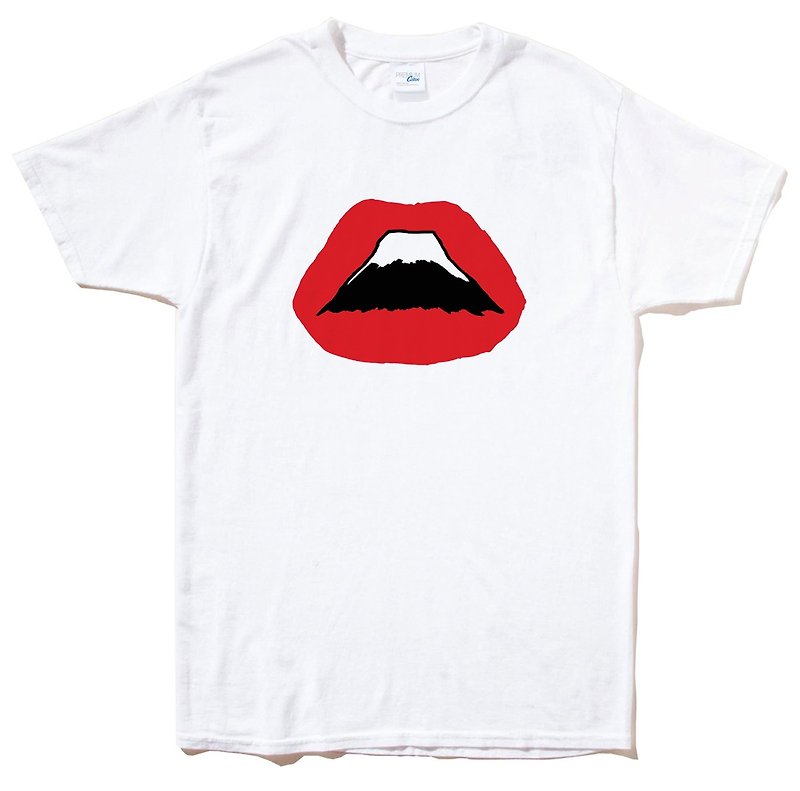 Lips Mt Fuji 短袖T恤 白色 嘴唇富士山 日本 風景 櫻花 太陽 雪 自創 品牌 文青 Hipster - 男 T 恤 - 棉．麻 白色