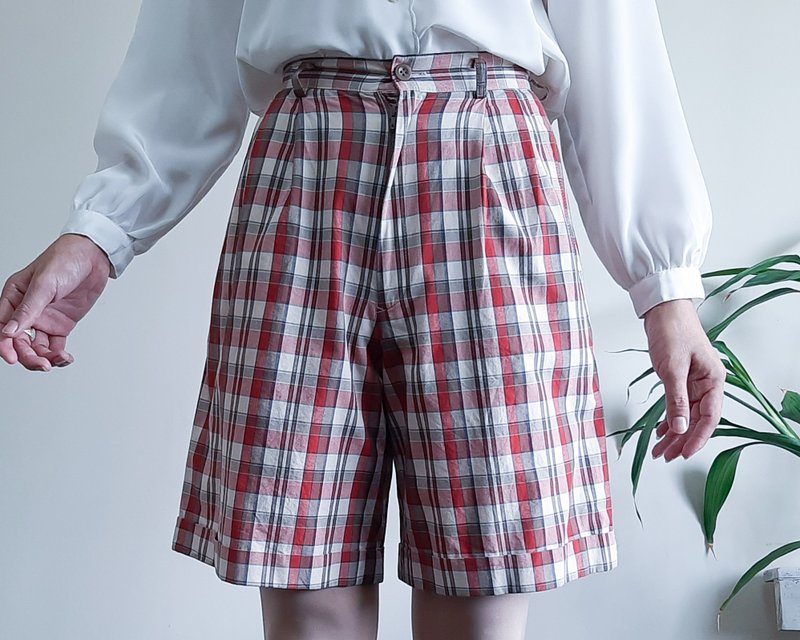 Vintage Cotton Plaid Shorts HARRISS PARIS High Waist Shorts Unisex Shorts - กางเกงขาสั้น - ผ้าฝ้าย/ผ้าลินิน หลากหลายสี