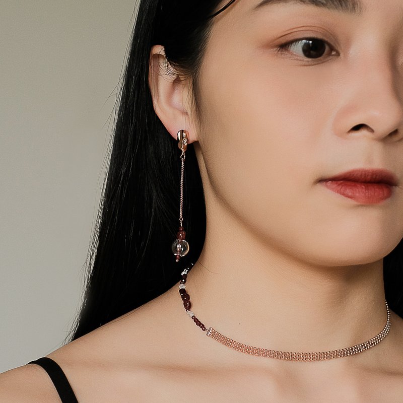 Space Ice - Glass Bubble Herkimer Diamond Chain Earrings (Rose Gold Plated) - ต่างหู - เงินแท้ สึชมพู