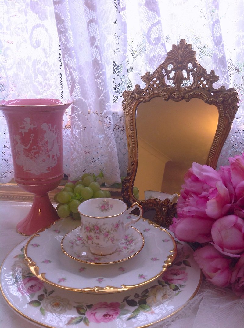 ♥安妮瘋古物♥ 英國製 1950年 Paragon 手繪玫瑰咖啡杯兩件組~ 庫存品~英式下午茶 - 咖啡杯/馬克杯 - 瓷 粉紅色