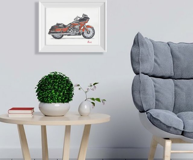 ハーレーダビッドソン絵画オリジナルオートバイロードグライド CVO