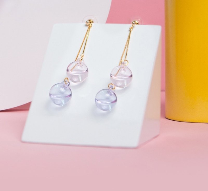 Dolce droplet twin earring lovely earring colorful jewelry - Earrings & Clip-ons - Glass Pink