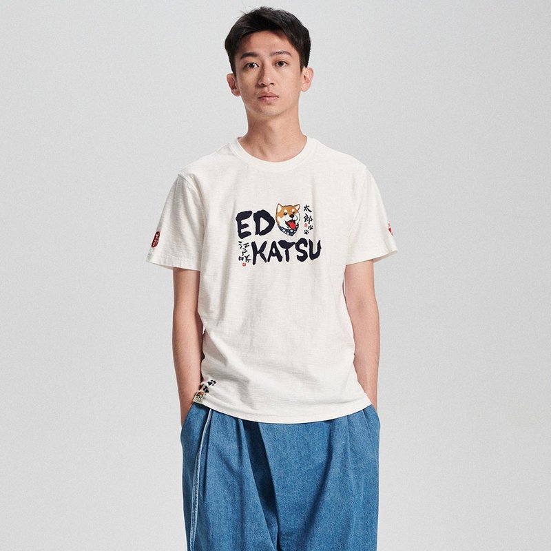 江戶勝 日系 男裝 笑臉勝太郎短袖T恤(米白色) #上衣 - 男 T 恤 - 棉．麻 白色