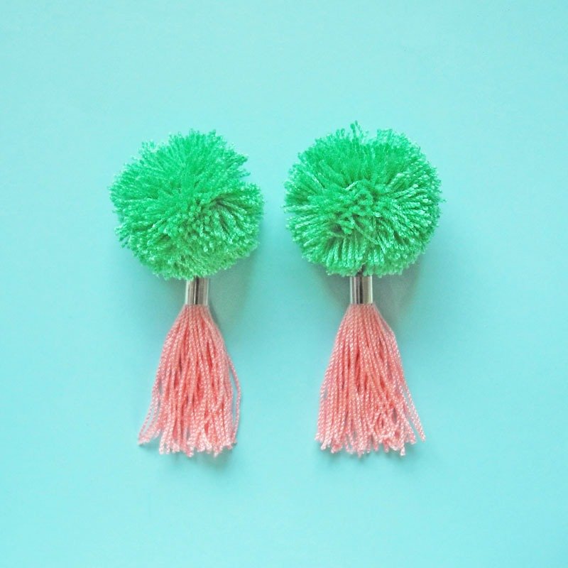Handmade Earrings with tassel. handmade jewelry. yarn pompom  - Earrings & Clip-ons - Polyester Green