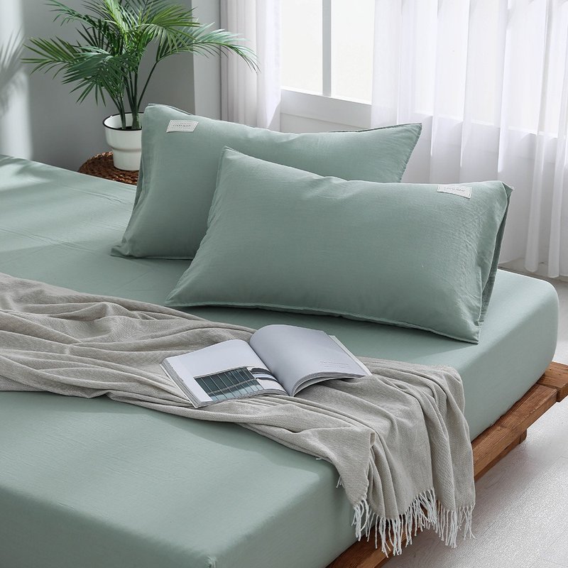 Japanese light twisted yarn three-piece pillowcase bed bag set/bamboo green - Bedding - Cotton & Hemp Green