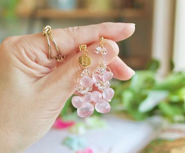 512 天然石 ローズクォーツ 8㎜ 紅水晶 ピアス イヤリング ローズ