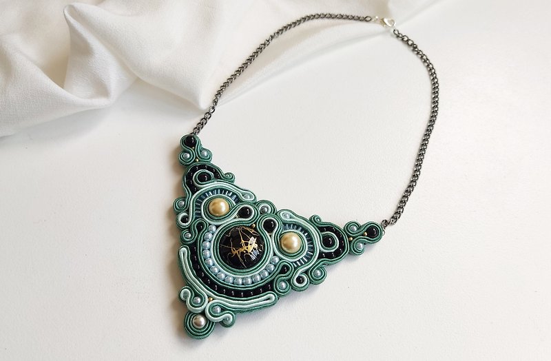 Other Materials Necklaces Green - 大號綠色項鍊, Boho Ethnic necklace, Soutache embroidered beaded Statement necklace