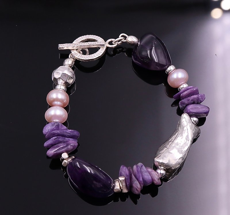 賞紫--紫水晶*紫龍晶*珍珠 - 手鍊/手鐲 - 寶石 粉紅色