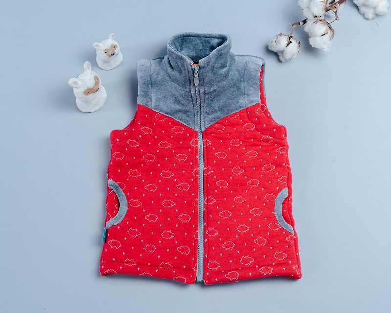 High-neck zip vest - red pig children's vest zipper hand made sapphire blue - Coats - Cotton & Hemp Red