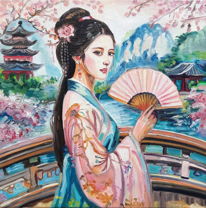 原創畫 The Girl at the Pagoda  Painting  Original Art  Oil Painting  Oil On Canvas - 壁貼/牆壁裝飾 - 其他材質 粉紅色