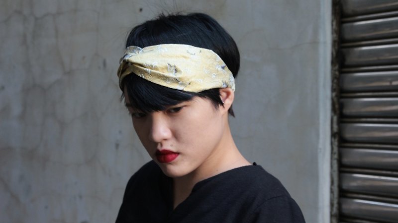 Gold Crowned Crane / Gold foil / Japanese flower / Handmade elastic hair band Gold RedCrowned Crane gold printed cloth/Taiwan han - Hair Accessories - Cotton & Hemp Gold