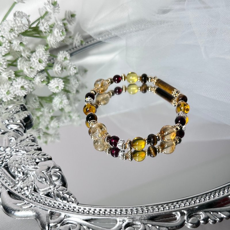 Shining golden light fortune bracelet - Stone, amber, red Stone, citrine, white crystal - Bracelets - Crystal Brown