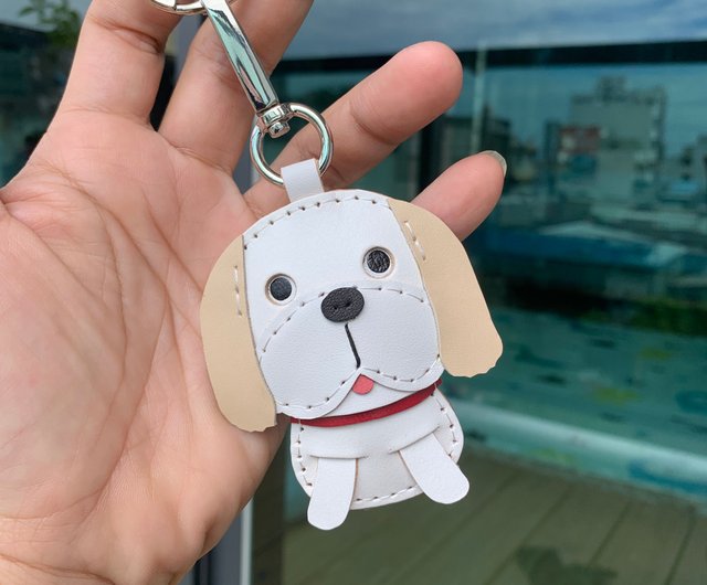 癒しの小物 ハンドメイド レザー ホワイト シーズー犬 手縫い