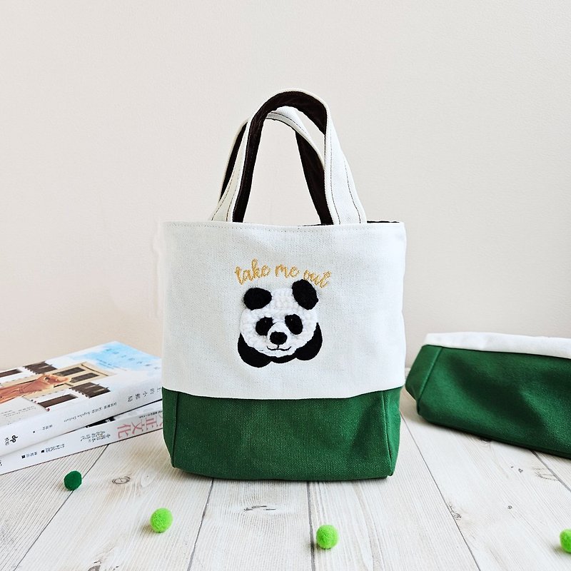 *Take me out*Double cup bag/drink bag Big panda three-dimensional rope embroidery - กระเป๋าถือ - ไฟเบอร์อื่นๆ สีเขียว