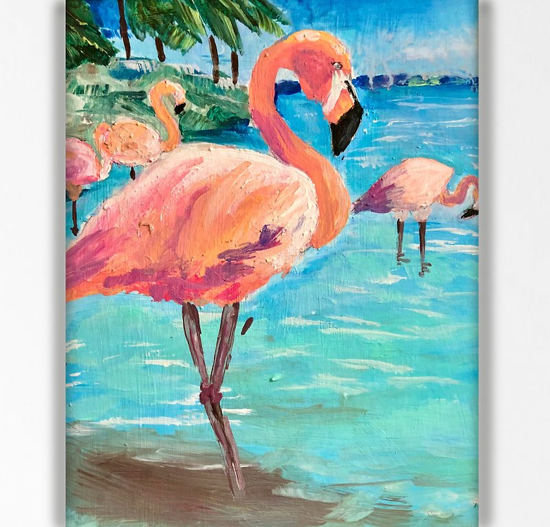 Bird painting, Pink Flamingo Original Framed painting 20x25 cm Fauna Art