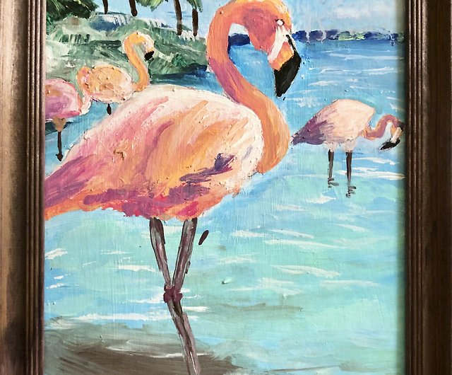 鳥の絵 ピンクのフラミンゴオリジナル額入りの絵x25cm動物相アート ショップ タチアート絵画館 ポスター 絵 Pinkoi