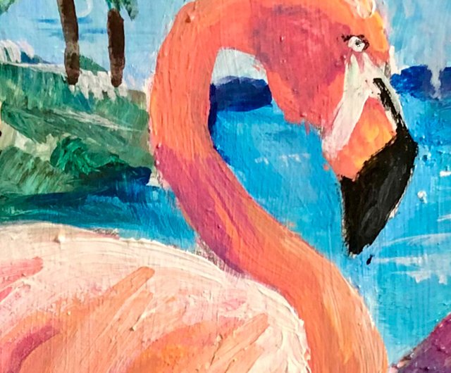 鳥の絵、ピンク フラミンゴ オリジナル額入り絵画 20x25 センチ 動物相アート - ショップ タチアート絵画館 ポスター・絵 - Pinkoi