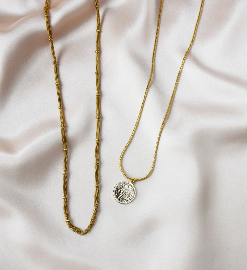 【秋冬新品】黃銅珠混搭復古金幣長鏈 - 長項鍊 - 銅/黃銅 金色