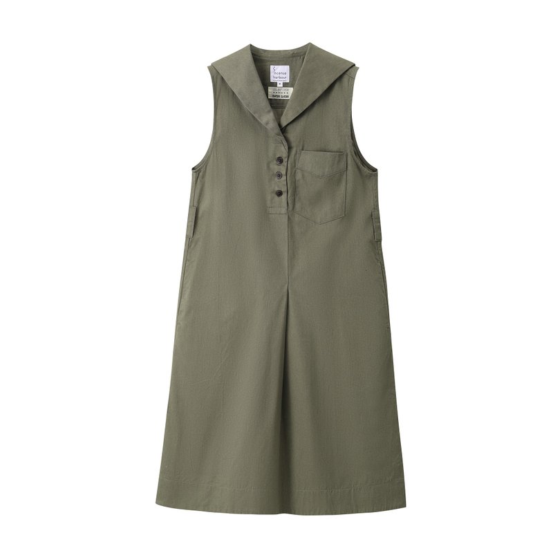 Incense Harbour Cotton Blend Twill Sailor Collar Dress - Hunter Green - One Piece Dresses - Cotton & Hemp Green