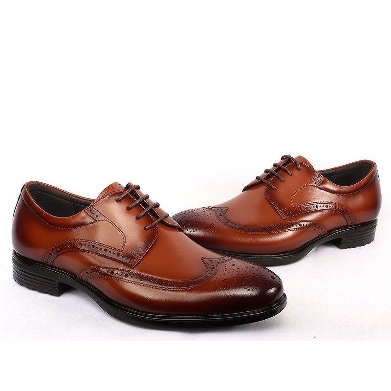 Terataka Liangpin British Genuine Leather Lightweight Fully Carved Derby Shoes Brown - รองเท้าหนังผู้ชาย - หนังแท้ สีนำ้ตาล